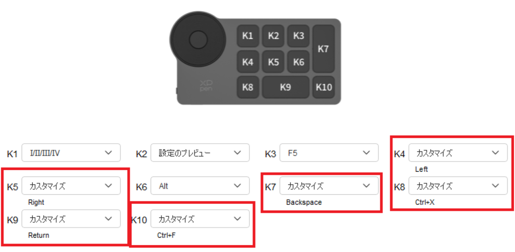 XPPen 左手デバイス ショートカットリモート ACK05 ボタンの名称と設定