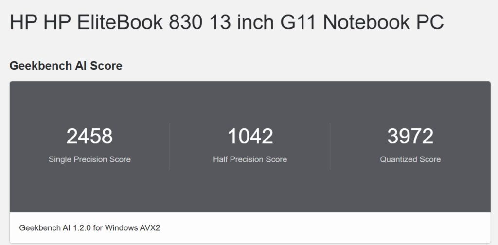 HP EliteBook 830 G11 Geekbench AIのONNXでCPUのAI性能計測結果