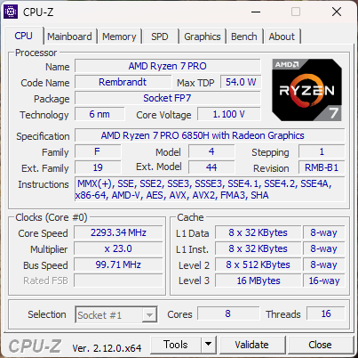 Ryzen 7 PRO 6850H CPU-Z