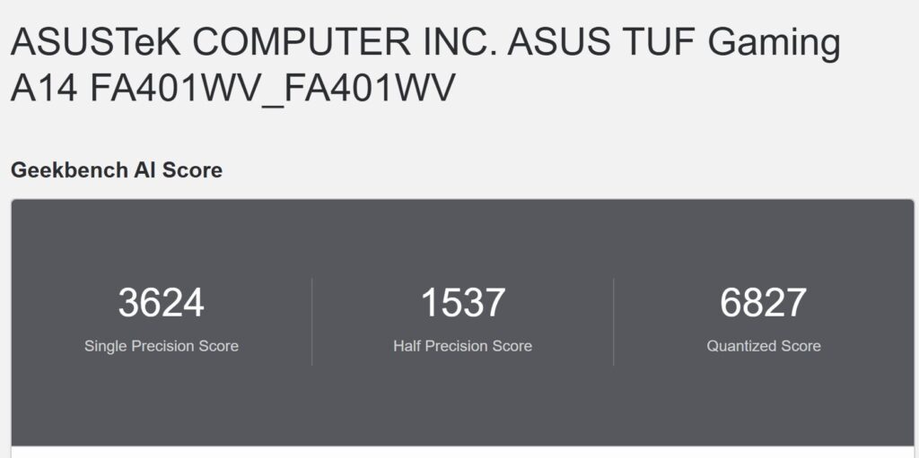 ASUS TUF Gaming A 14 FA401 Geekbench AIのONNXでCPUのAI性能