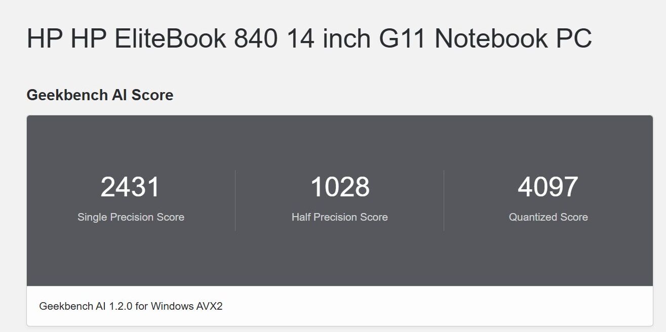 HP EliteBook 840 G11 Geekbench AIのONNXでCPUのAI性能計測結果