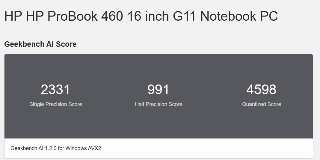 HP Probook 460 G11 Geekbench AIのONNXでCPUのAI性能計測結果