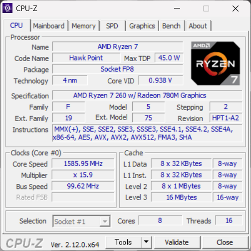ASUS TUF GAMING A16 2025 CPU-Z