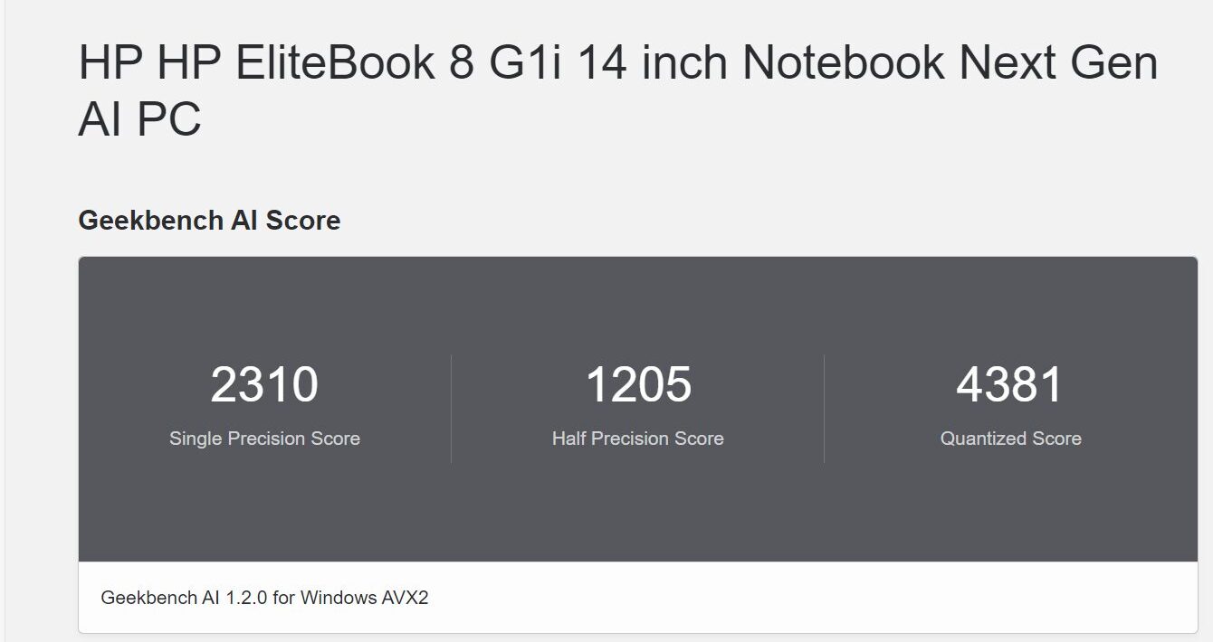HP EliteBook 8 G1i 14 Geekbench AI計測結果