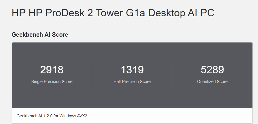 HP ProDesk 2 Tower G1a Desktop AI PC Geekbench AI計測結果