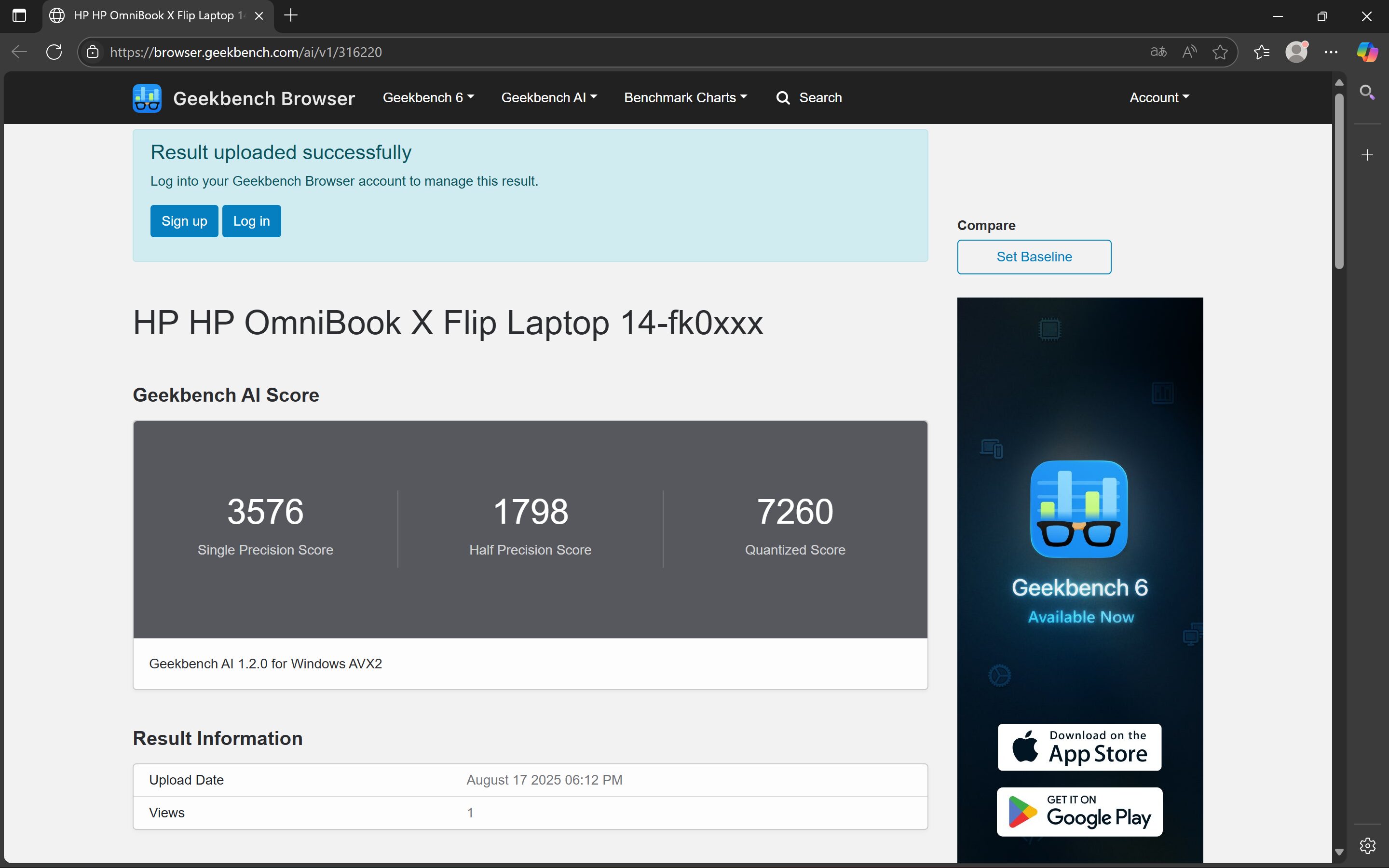 OmniBook X Flip 14-fk Geekbench AI計測結果