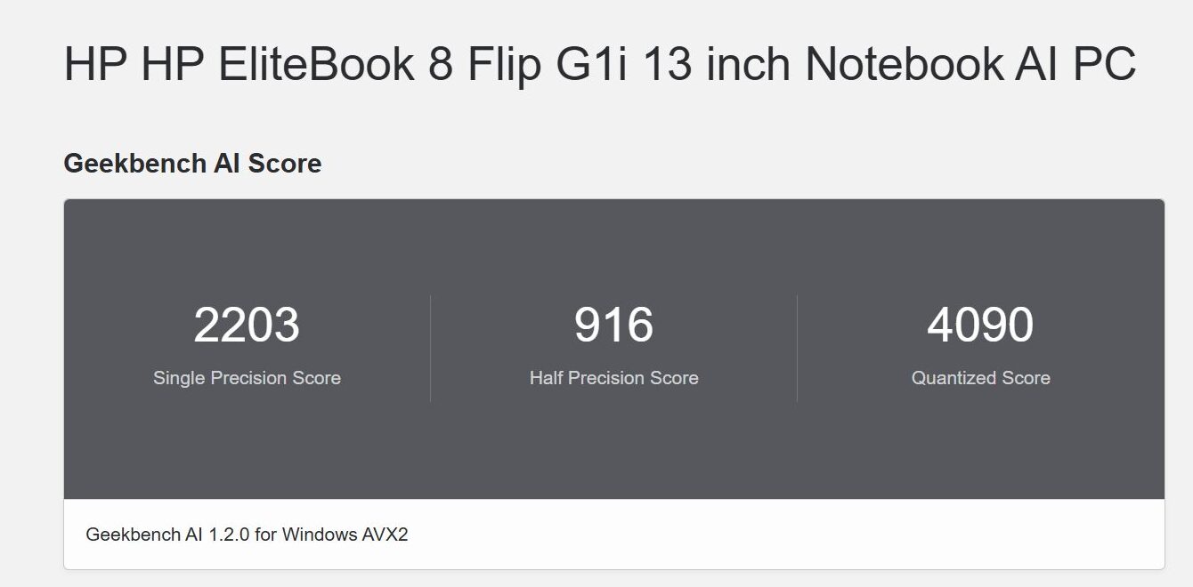 HP EliteBook 8 Flip G1i 13 Geekbench AI計測結果