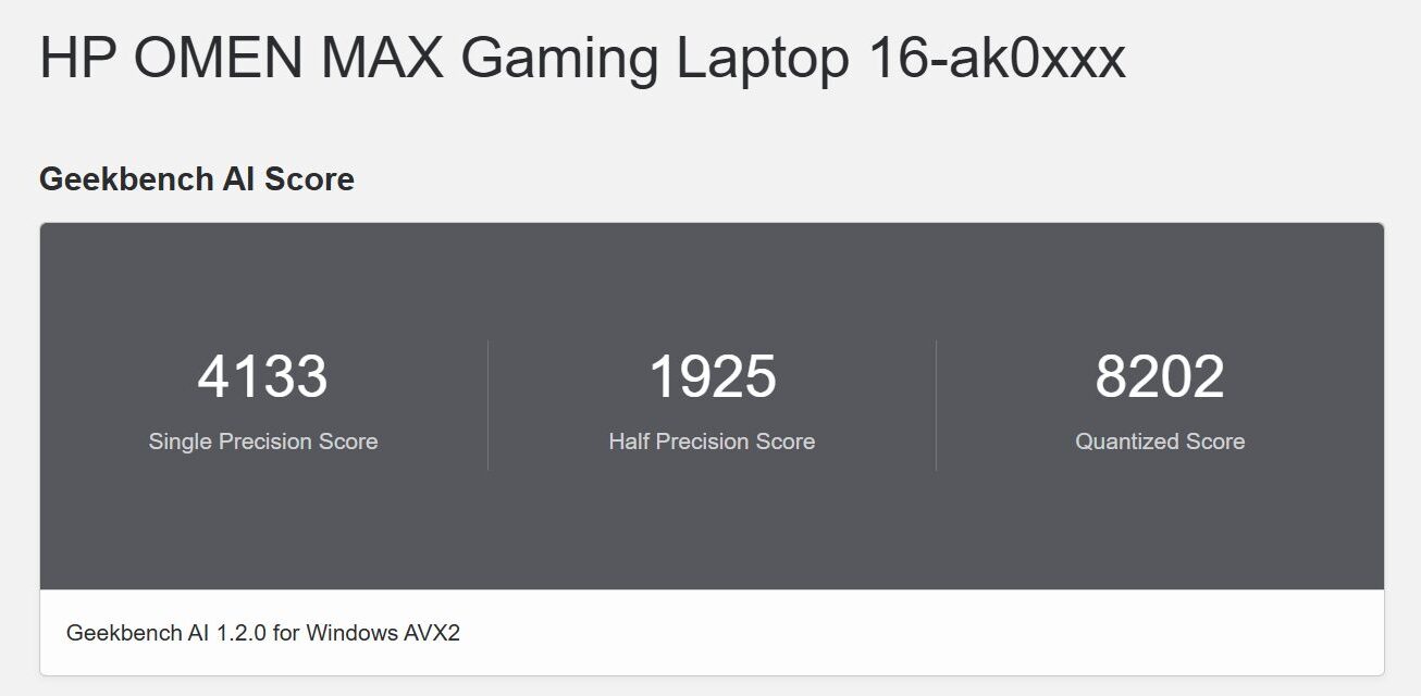 Hp OMEN MAX 16(AMD) Geekbench AI計測結果