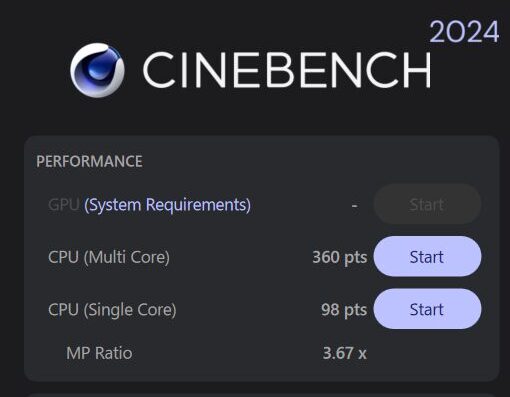Vaio S13 2025年モデル　Cinebench 2024計測結果