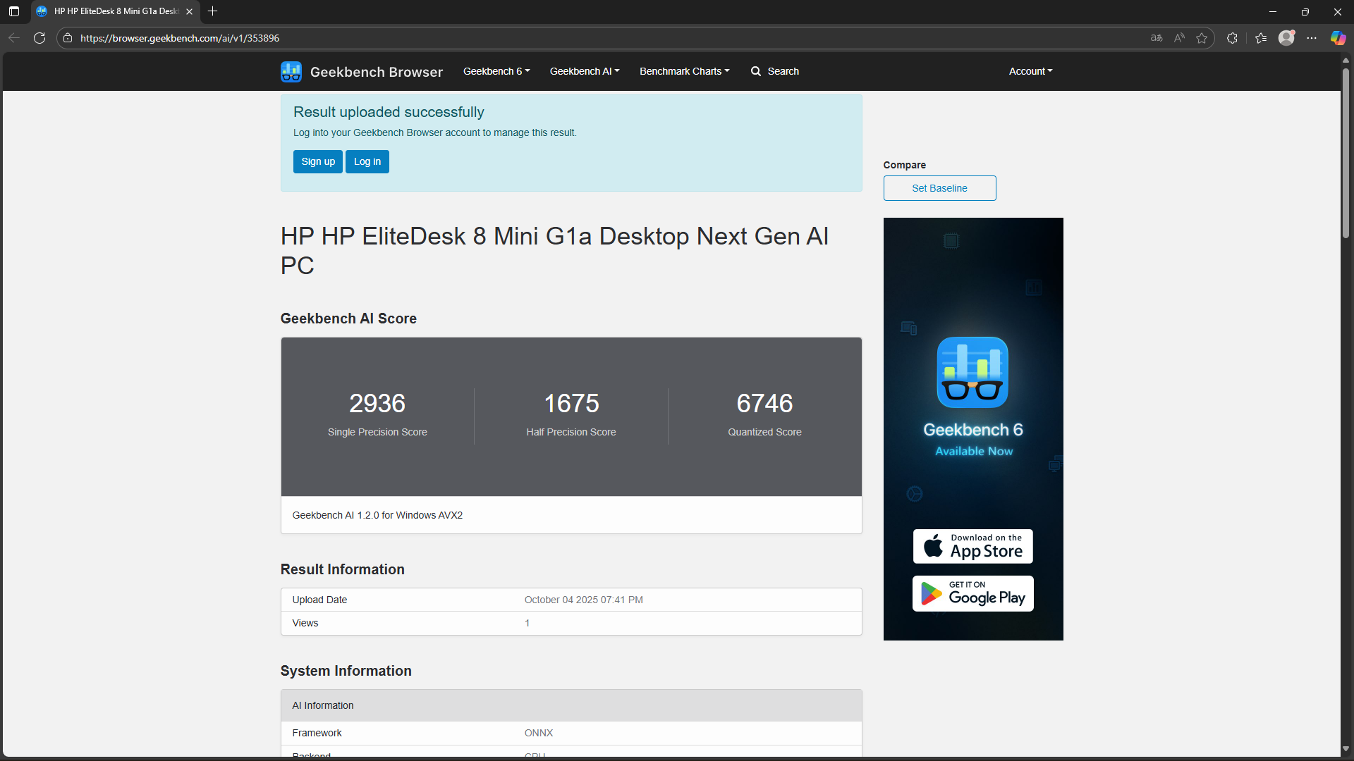 HP EliteDesk 8 Mini G1a Desktop Next Gen AI PC Geekbench AI計測結果