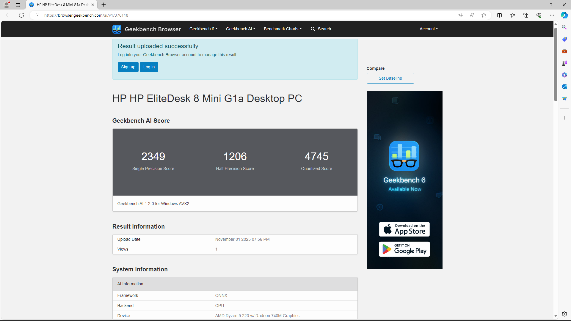 HP EliteDesk 8 Mini G1a Desktop PC Geekbench AI計測結果