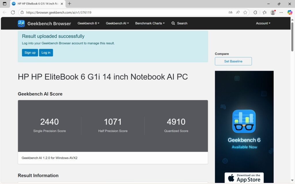 HP EliteBook 6 G1i 14 Geekbench AI計測結果