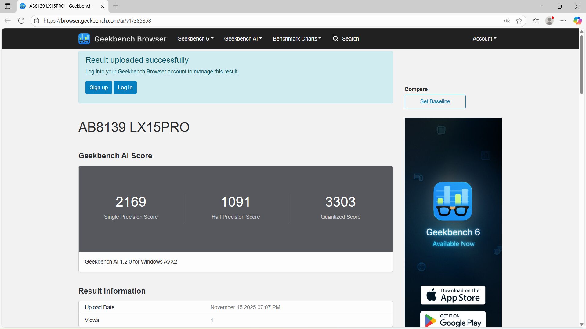 ACEMAGIC LX15Pro Geekbencjh AI計測結果