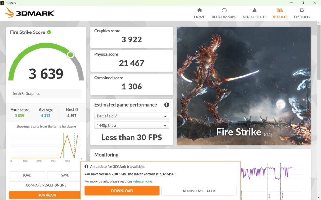 HP EliteBook 6 G1i 14 Fire Strike計測結果