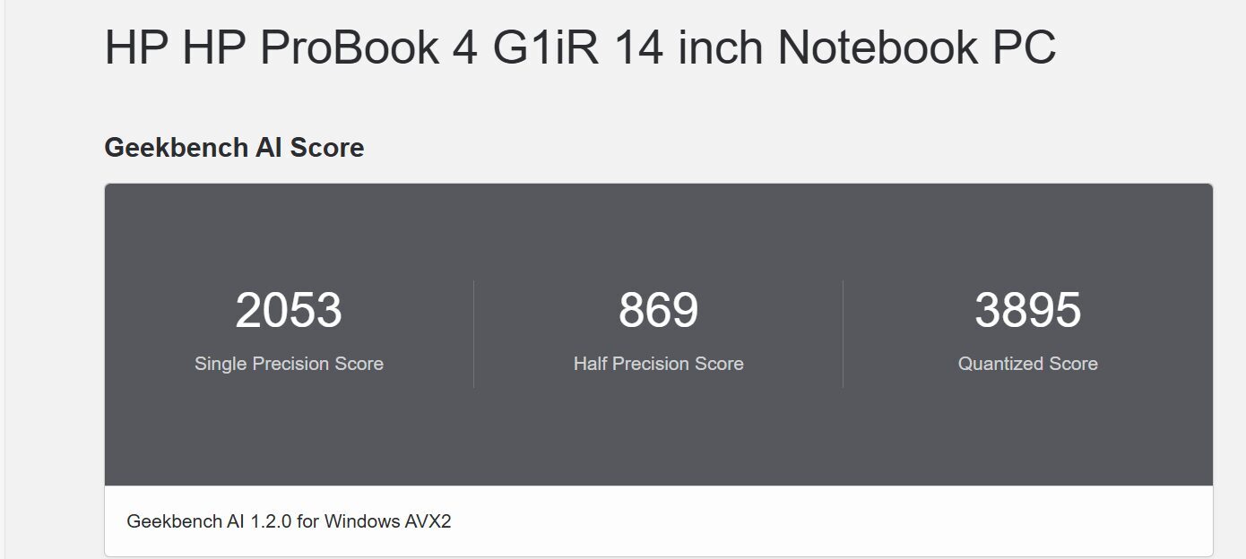 HP ProBook 4 G1iR 14 Geekbench AI計測結果
