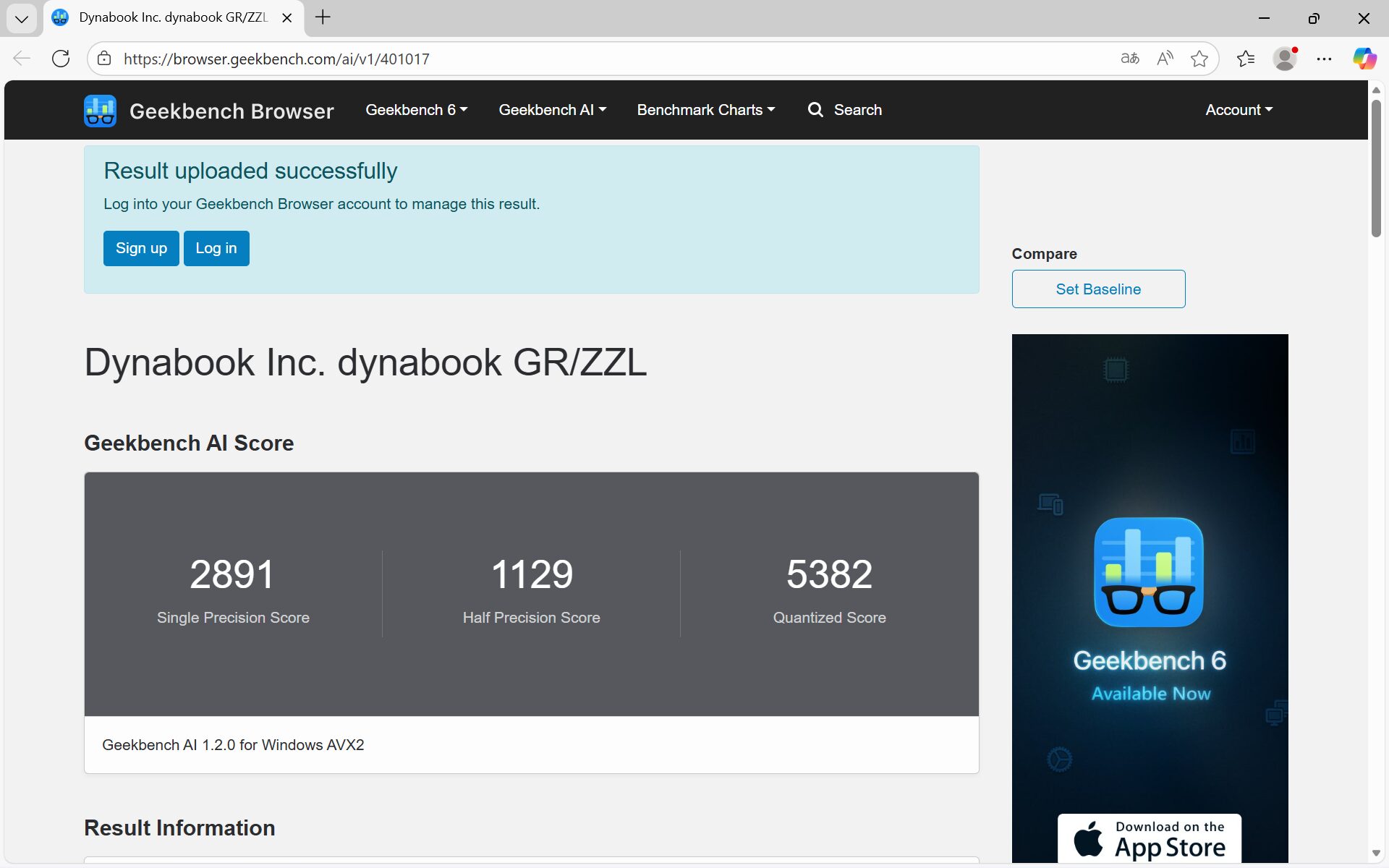 dynabook GR/ZZ Geekbench AI計測結果