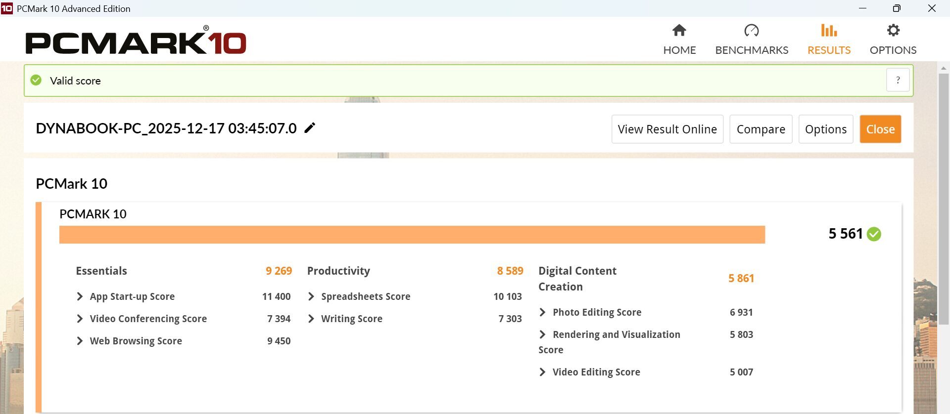 dynabook XAZY PCMark10計測結果
