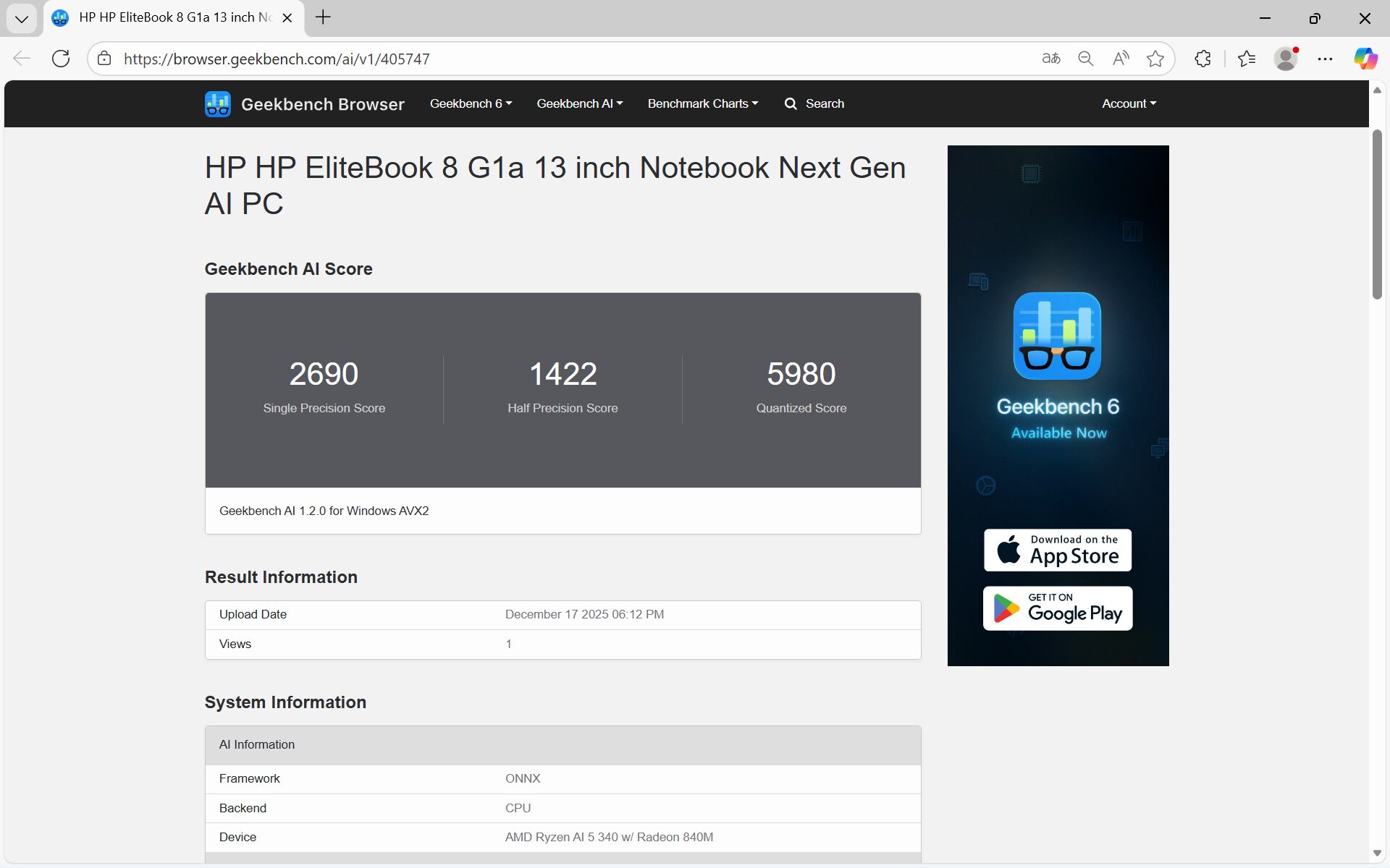 HP EliteBook 8 G1a 13 Geekbench AI 2024計測結果