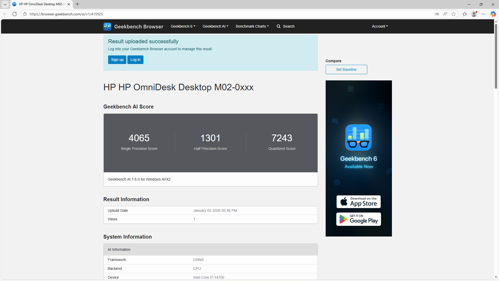 HP OmniDesk (インテル) Geekbench AI計測結果