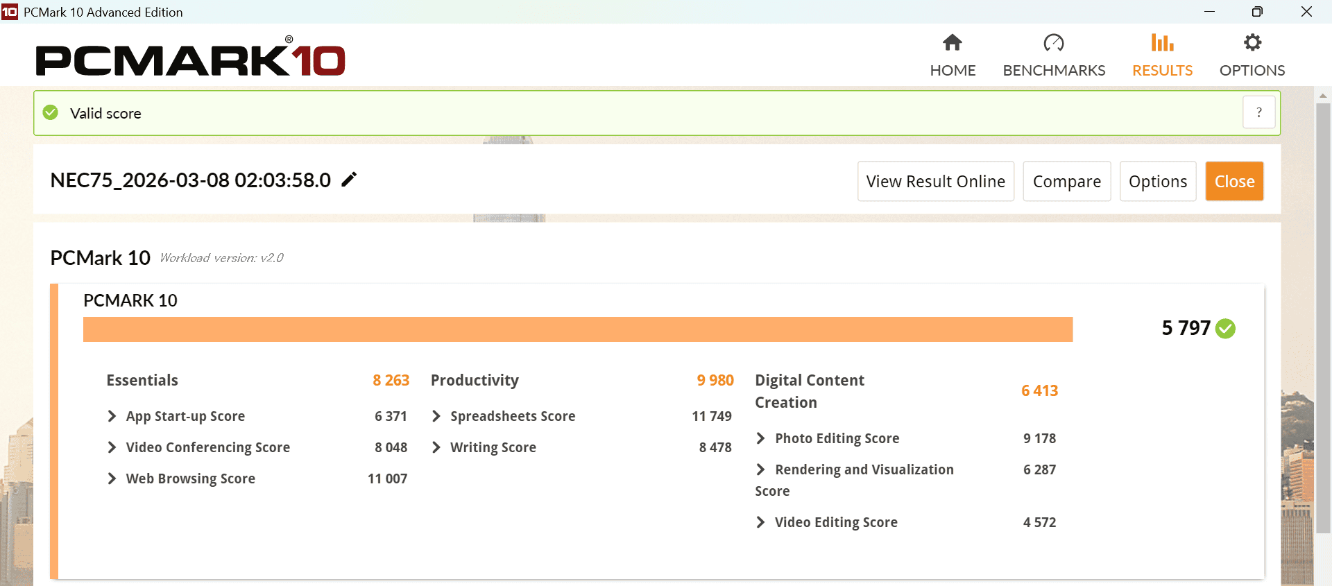 Lavie N13 Slim 2025年秋冬モデルでPCMark10計測結果。エッセンシャル8263、プロダクティビティ9980、デジタルコンテントクリエーション6413と普段使いには十分なスコア