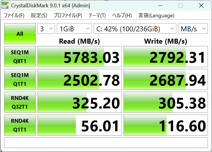 Lavie N13 Slim 2025年秋冬モデルでシーケンシャル速度計測結果。リード5783MB秒、ライト2792MB秒