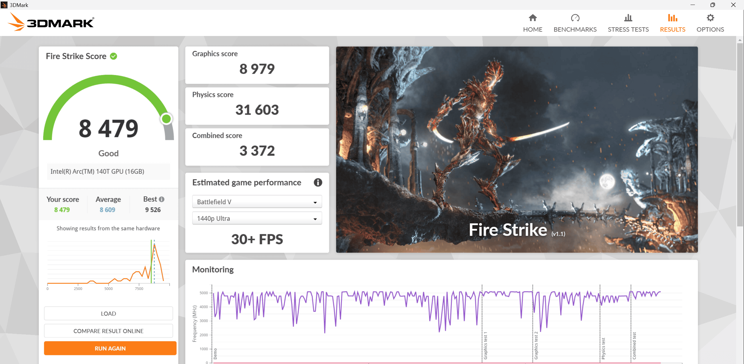 HP OmniBook 7 16-ay Fire Strike計測結果。スコアは8479