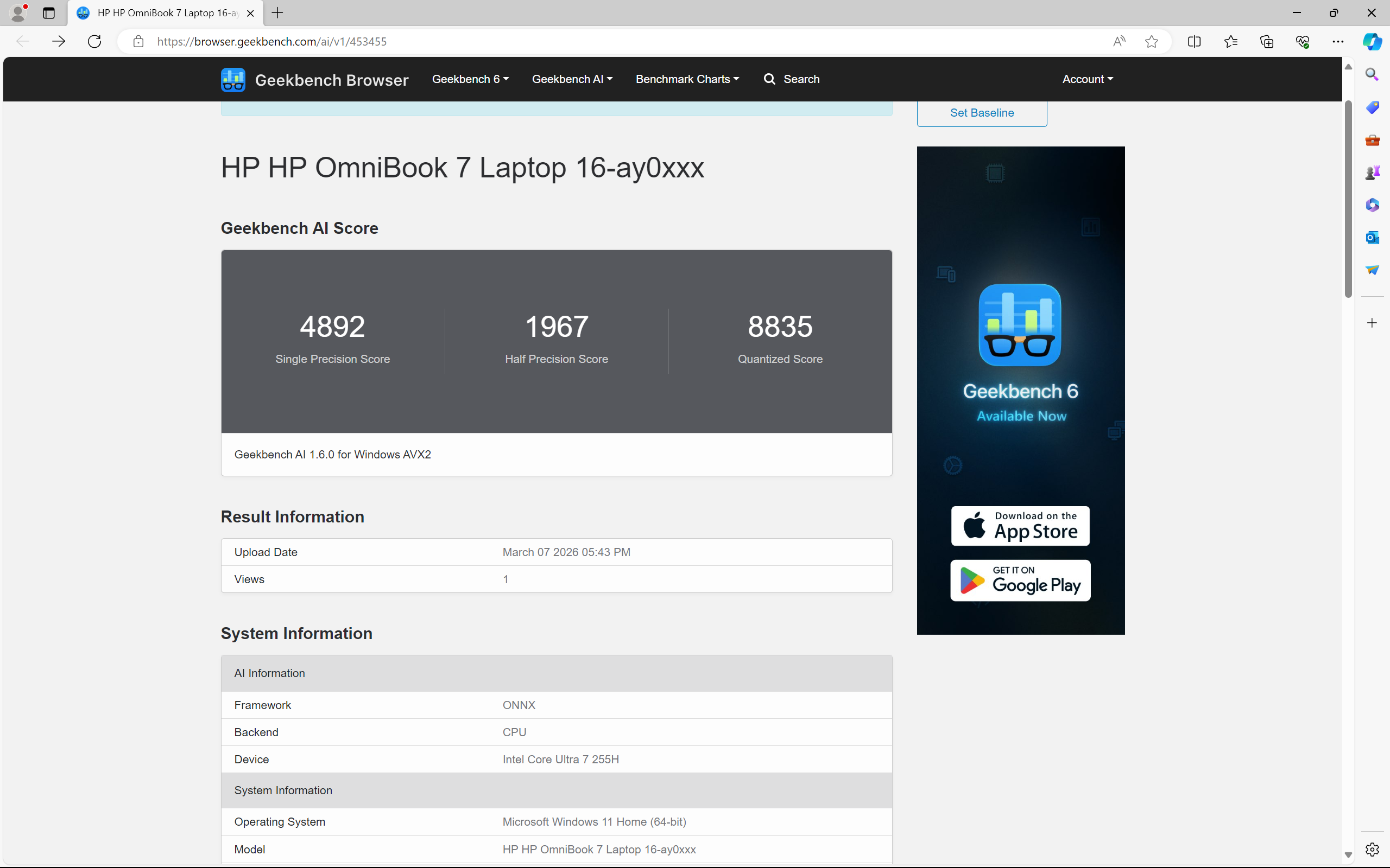 HP OmniBook 7 16-ay でGeekbench AIを計測。単精度4892、半精度1967、量子化スコア8835