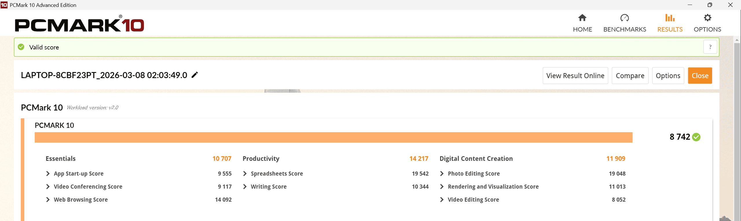 HP OmniBook 7 16-ay PCMark10計測結果。総合8742、エッセンシャル10707、プロダクティビティ14217、デジタルコンテントクリエーション11909