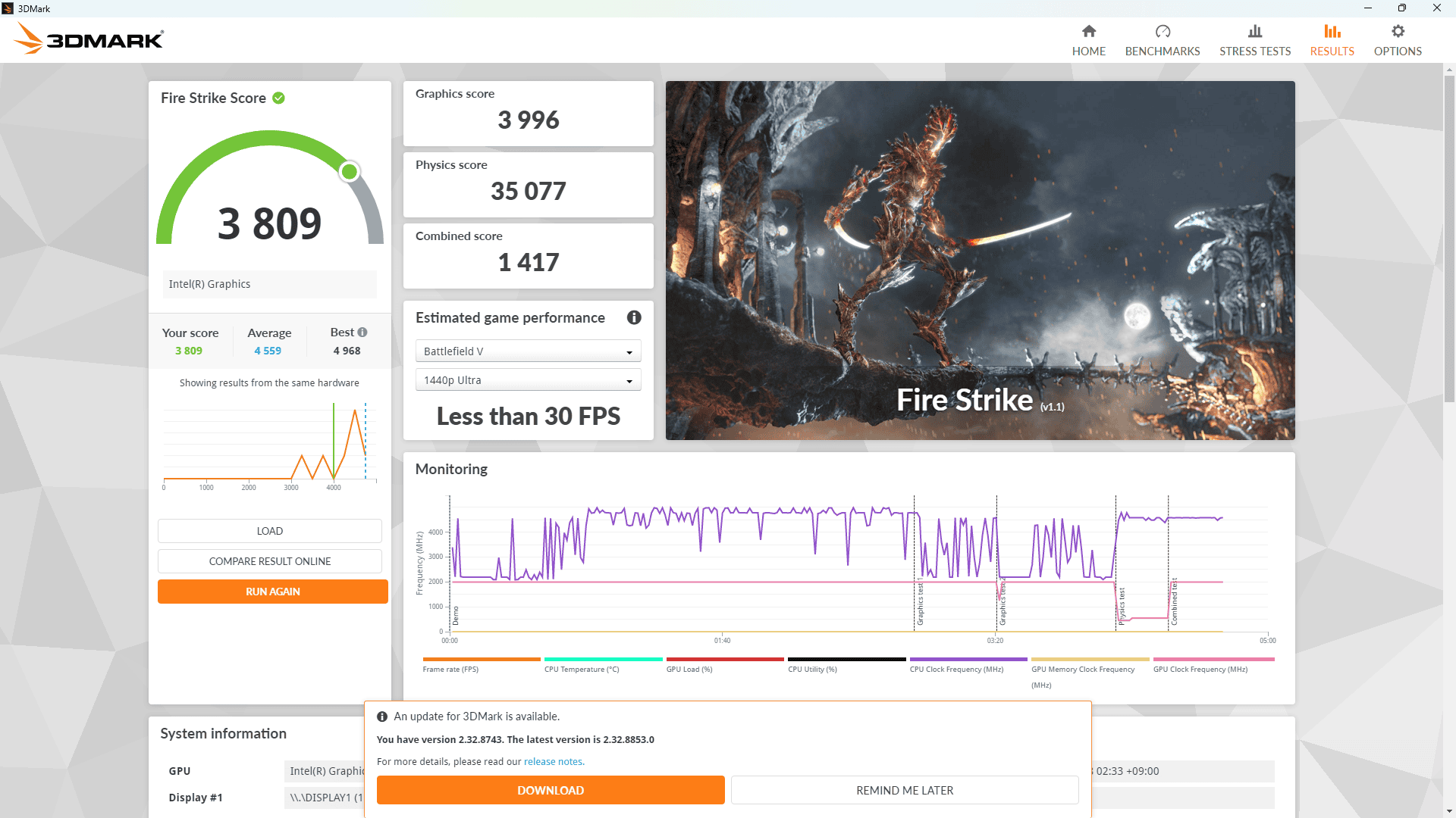 HP ProStudio 4 All-in-One G1i 23.8 inch Desktop AI PC Fire Strike計測結果。3809