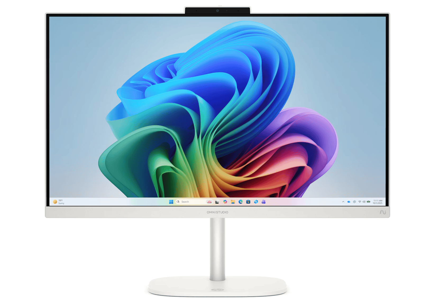 HP All-in-One 27-cr正面。PC全体が見え、細いベゼルや色鮮やかなディスプレイが見える