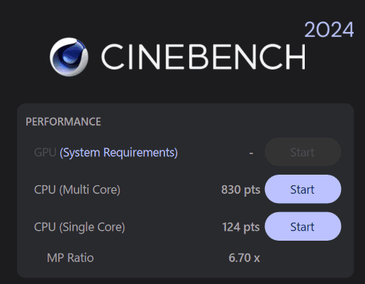 Core Ultra X7 358H Cinebench 2024計測結果マルチコア830、シングルコア124
