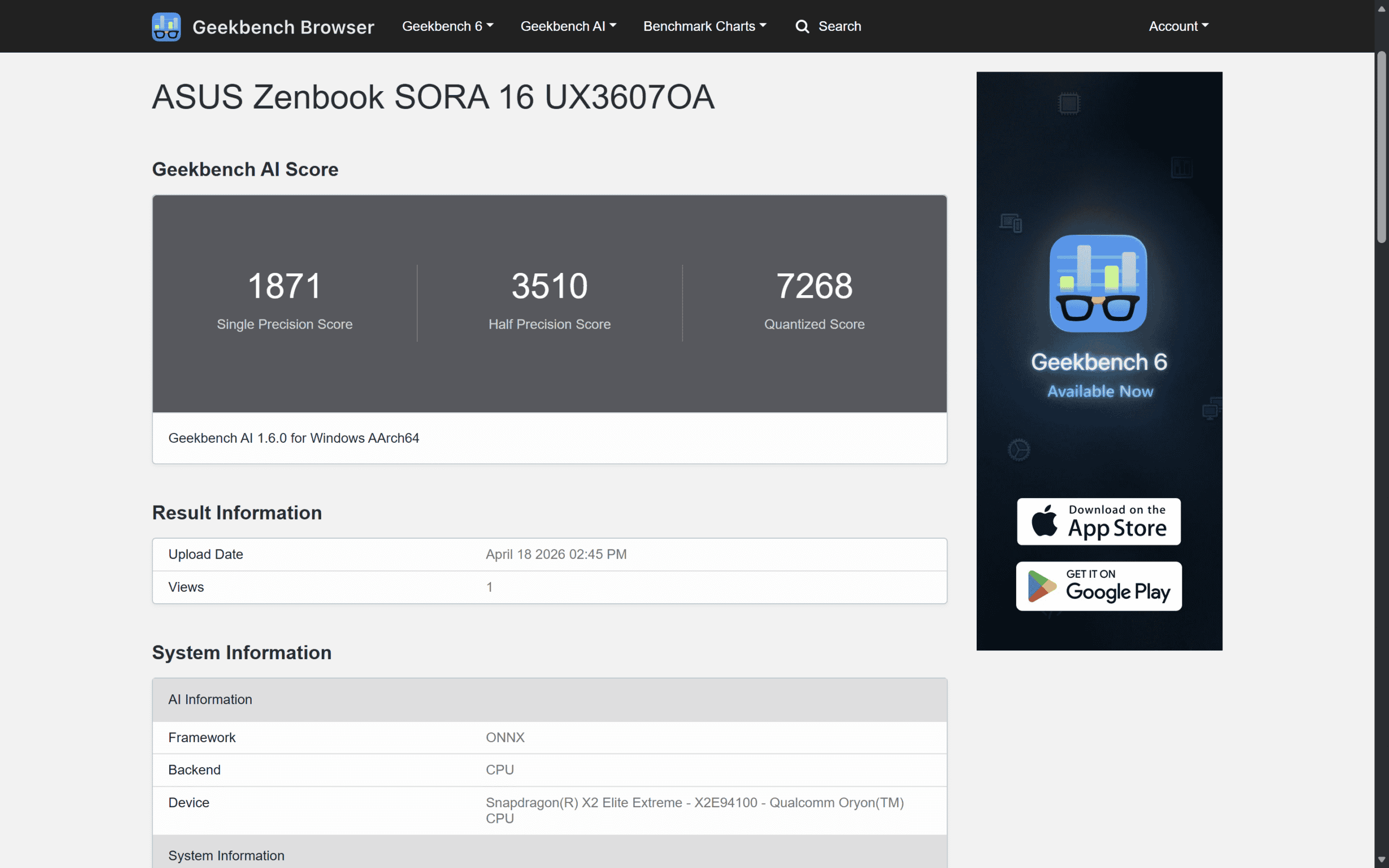 Snapdragon X2 Elite Extreme X2E-94-100 Geekbench AI計測結果・単精度1871、半精度3510、量子化スコア7268