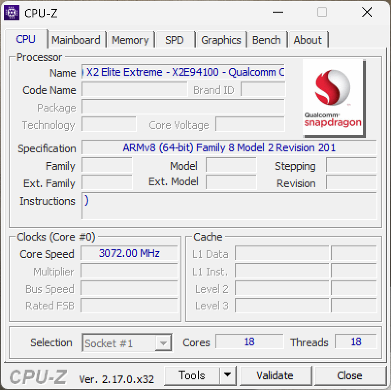 Snapdragon X2 Elite Extreme X2E-94-100　CPU-Z