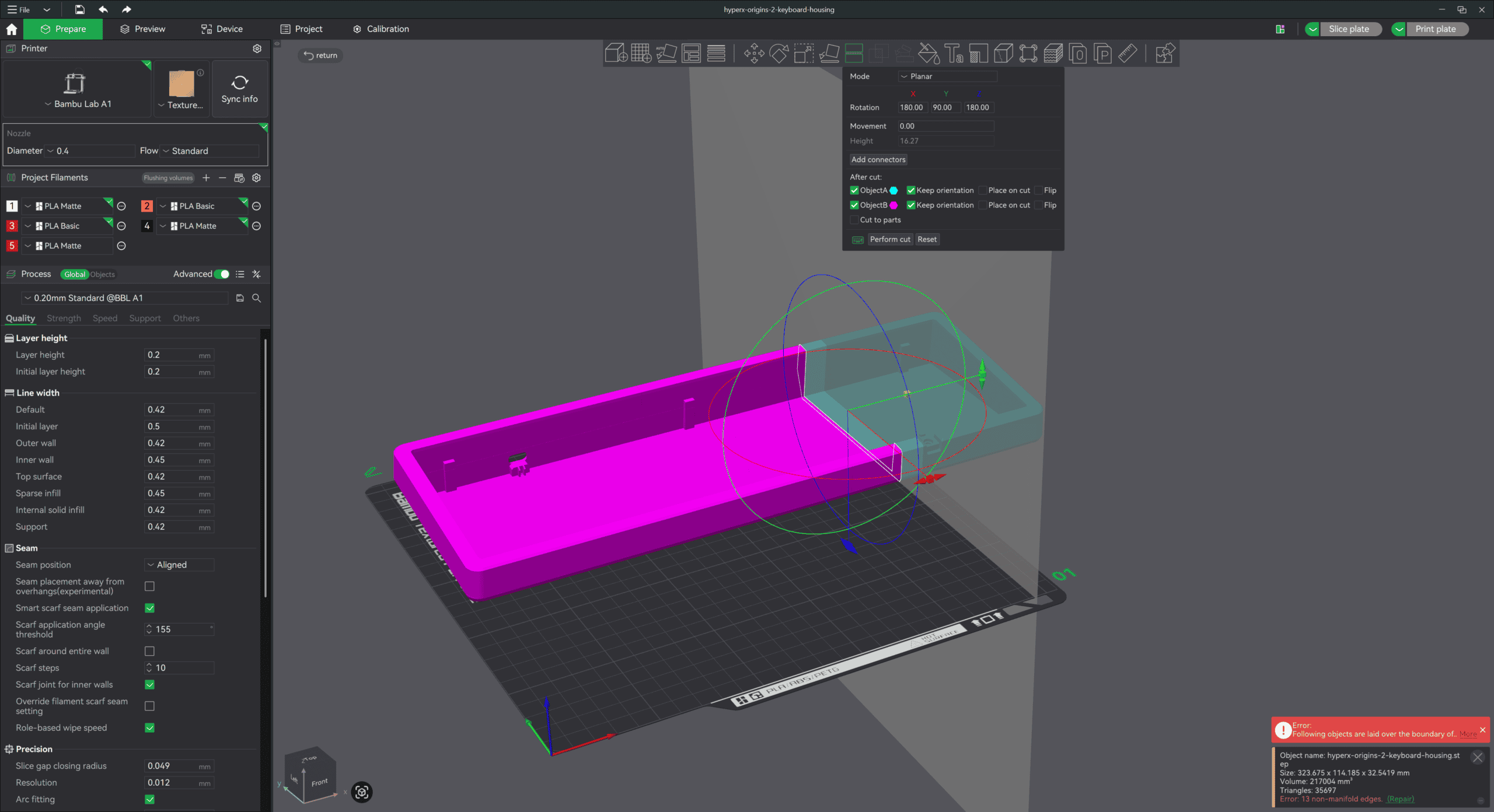 HyperX Origins 2 65ゲーミングキーボード　3DプリンタのデータをBamboo Labに読み込む。2パーツに分けて印刷