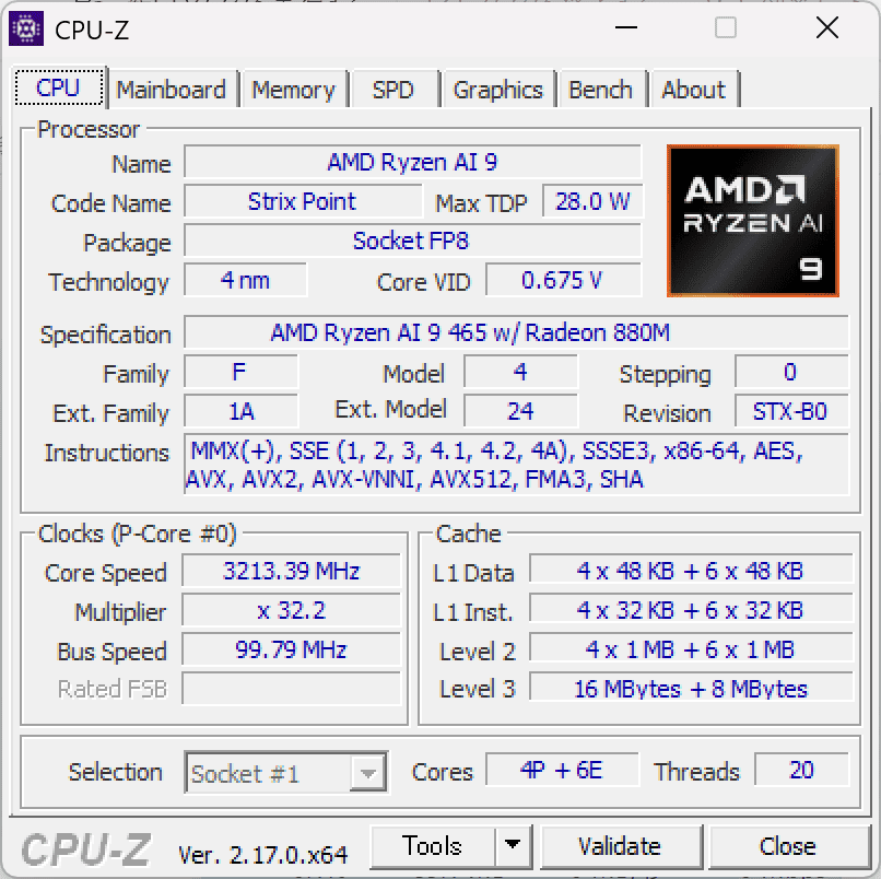 ASUS TUF Gaming A14 (2026) FA401GM CPU-Z