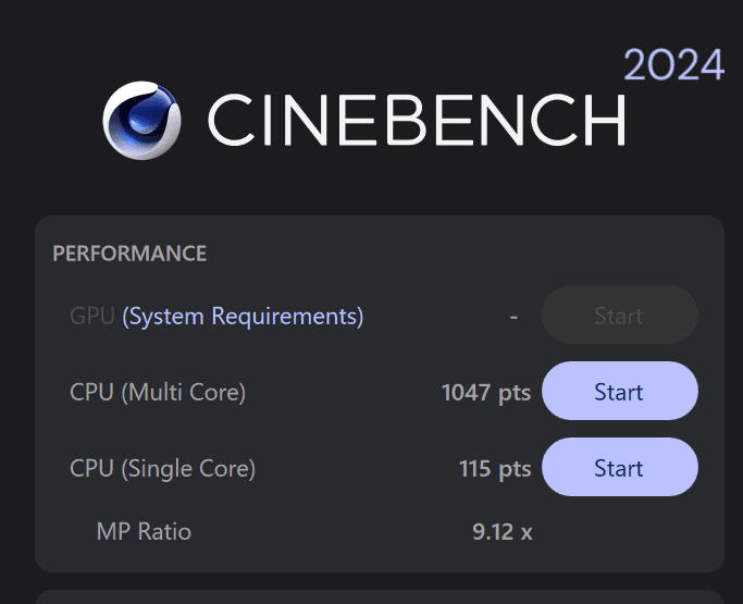 ASUS TUF Gaming A14 (2026) FA401GM Cinebench 2024計測結果。マルチコア1047、シングルコア115