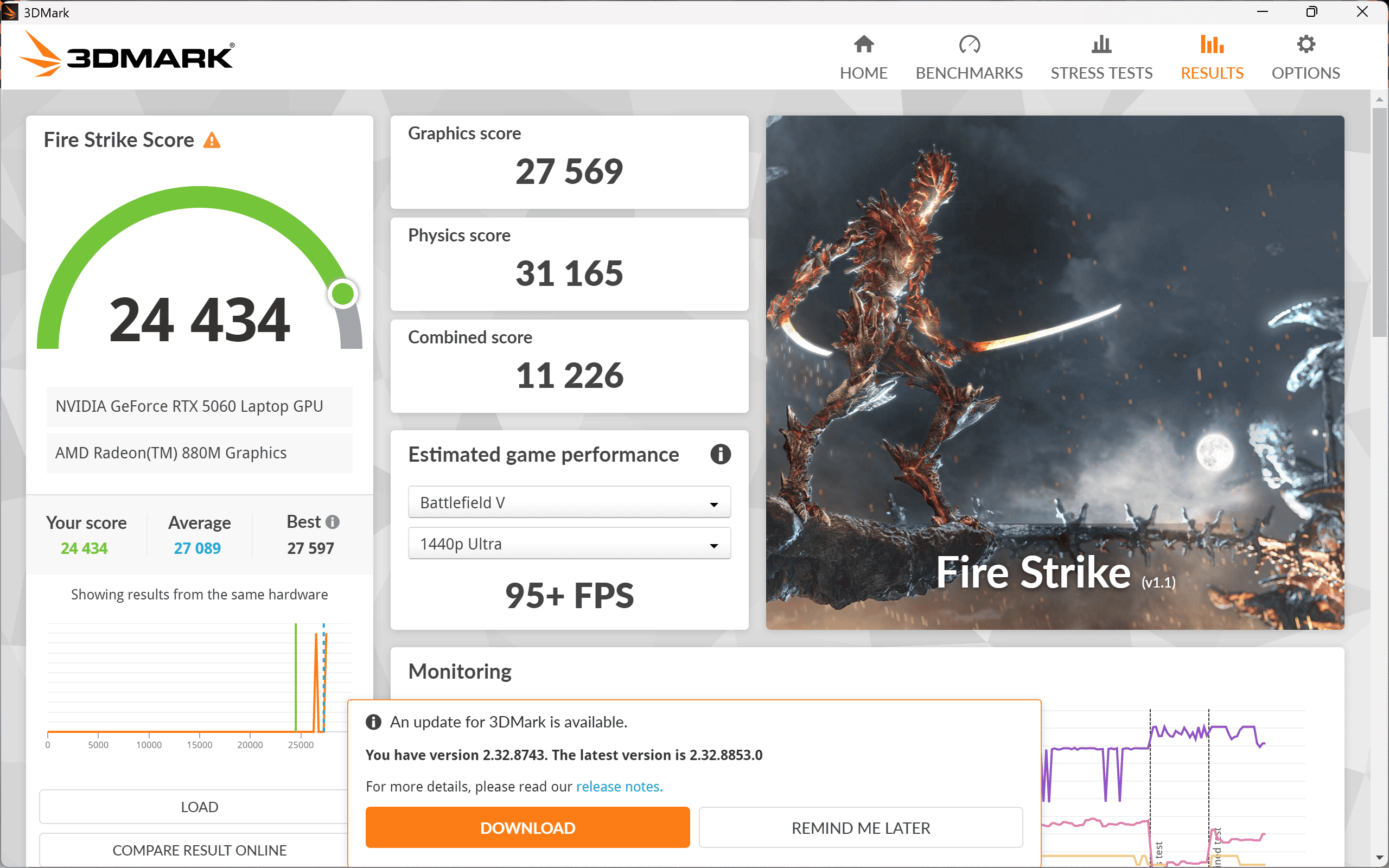 ASUS TUF Gaming A14 (2026) FA401GM Fire strike バランスモードで計測・24434