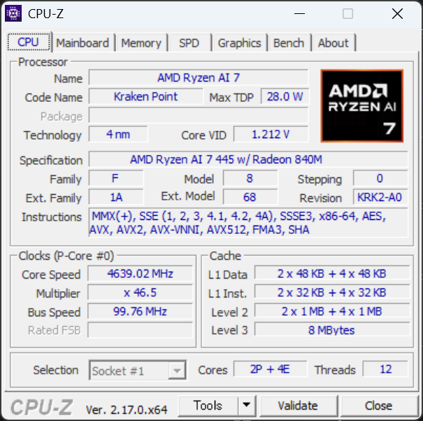 ASUS Zenbook 14 (UM3406) Ryzen AI 7 445 CPU-Z