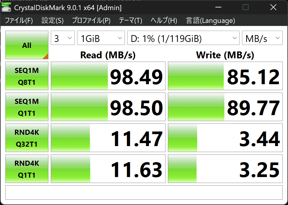 ASUS Zenbook S16 (UM5606) シーケンシャル速度・リード98M/秒、ライト85MB/秒