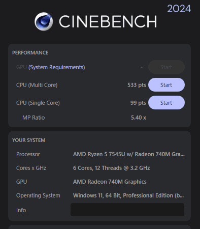 GEEKOM A7 Cinebench 2024計測結果。マルチコア533、シングルコア99