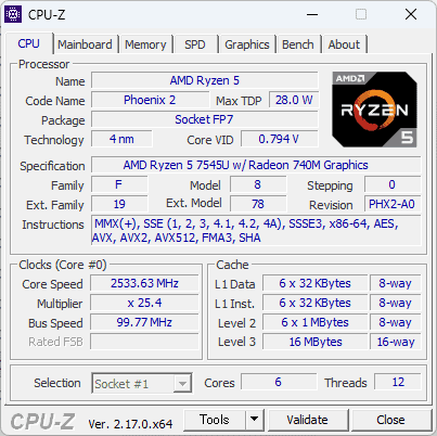 GEEKOM A7 CPU-Z Ryzen 5 7545U
