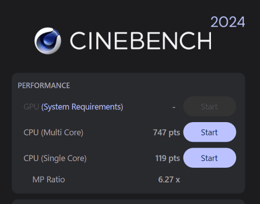 HP EliteBook X Flip G2i 14 Cinebench 2024計測結果マルチコア747、シングルコア119