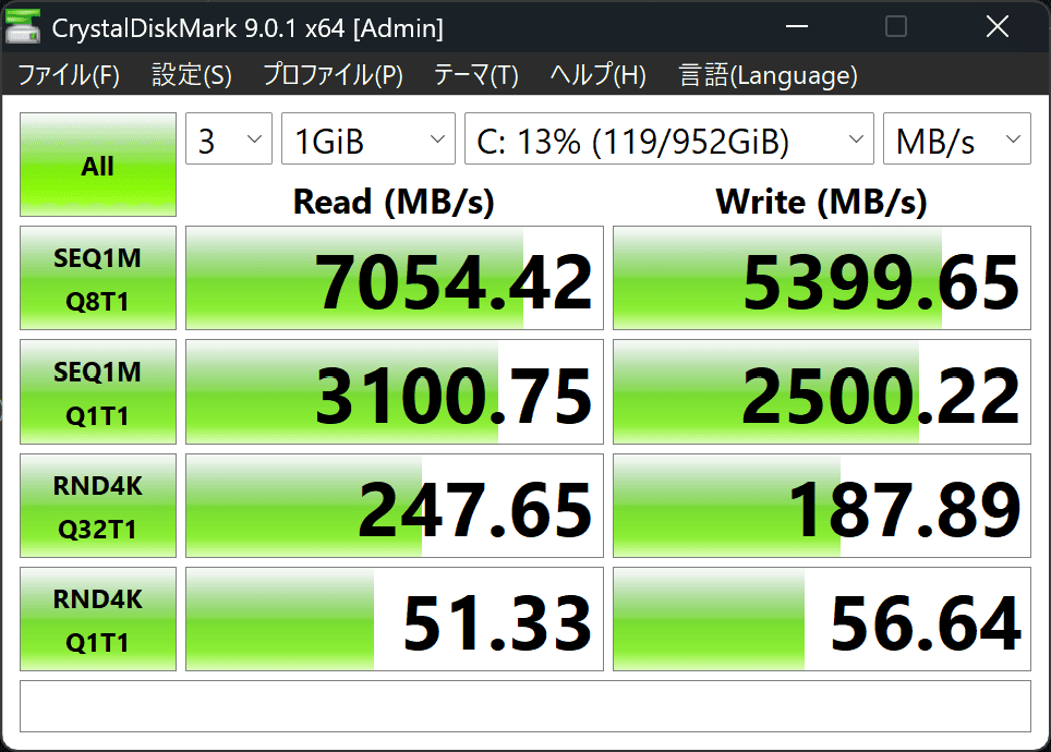 OmniBook X Flip 14-kc シーケンシャル速度計測結果。リード（読み込み）が7,054MB/秒、ライト（書き込み）が5,399MB/秒