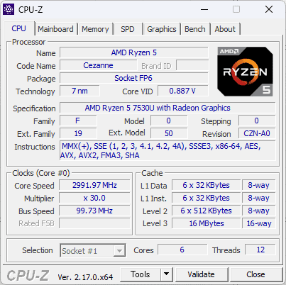ACEMAGIC K1 Ryzen 5 7530U CPU-Z