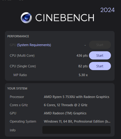 ACEMAGIC K1 Ryzen 5 7530U Cinebench 2024計測結果マルチコア436、シングルコア82