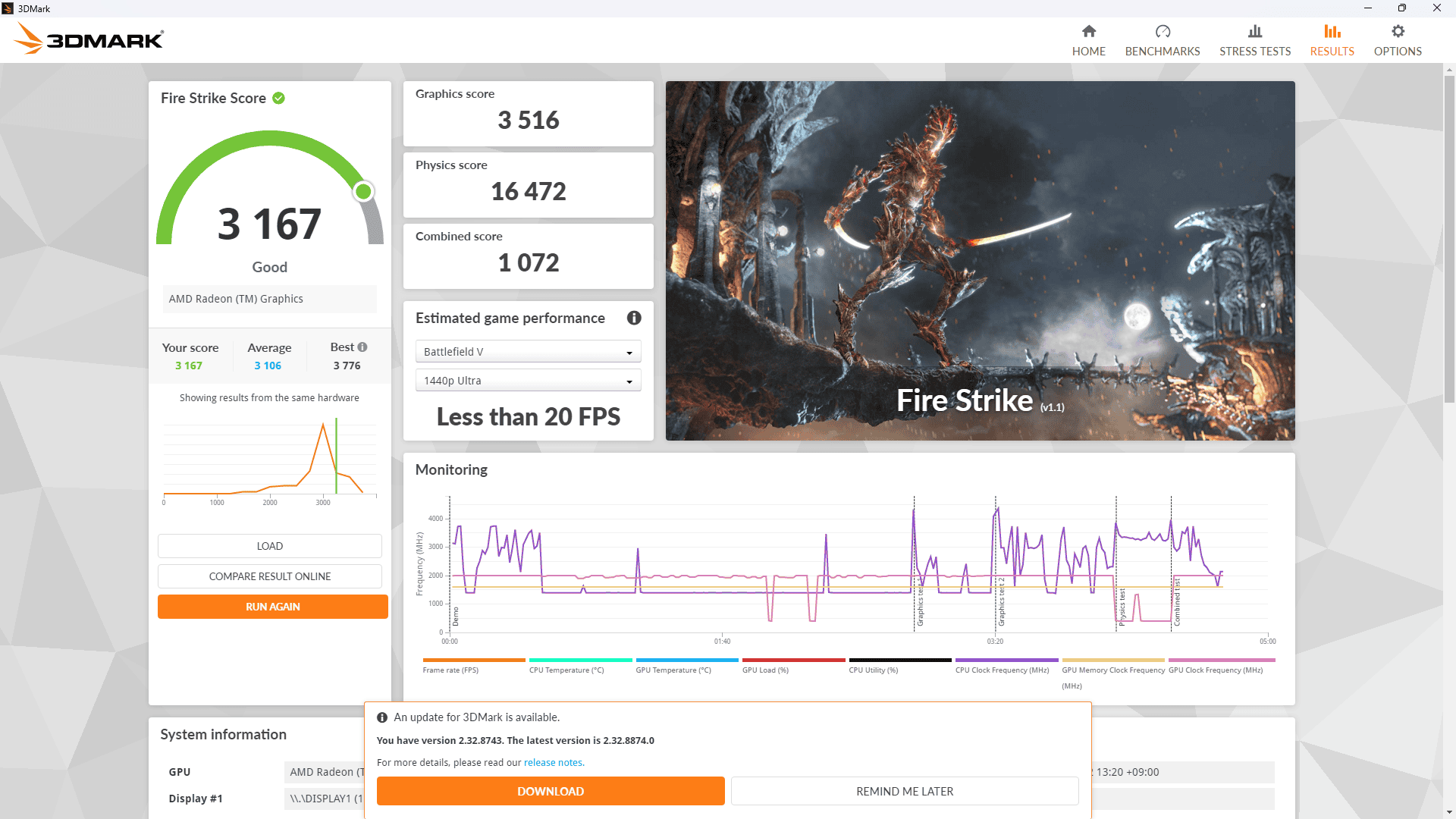 ACEMAGIC K1 Ryzen 5 7530U Fire strike計測結果3167