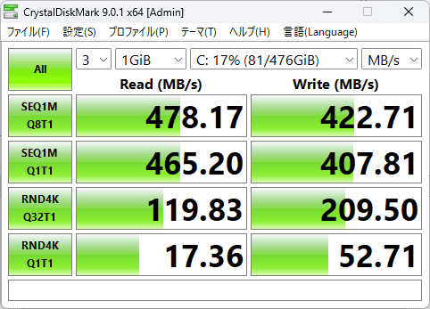 ACEMAGIC K1シーケンシャル速度計測結果リード479MB秒、ライト422MB秒