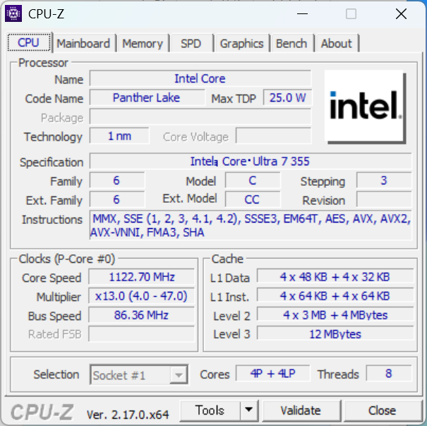 ASUS Vivobook S14 (S3407) Core ultra 7 355 CPU-Z