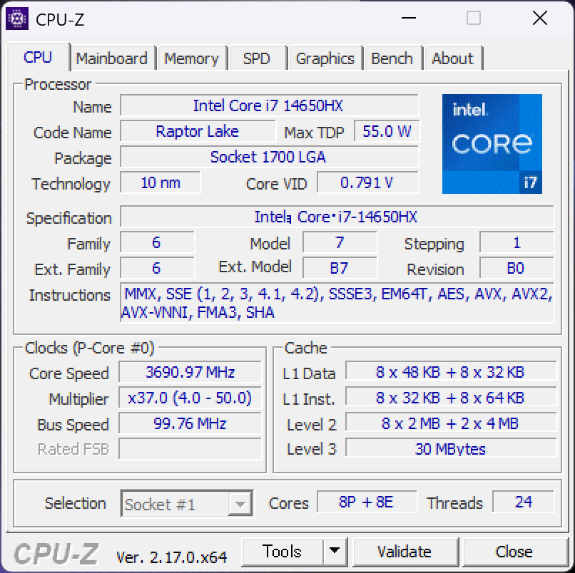 HyperX OMEN 15 Intel CPU-Z