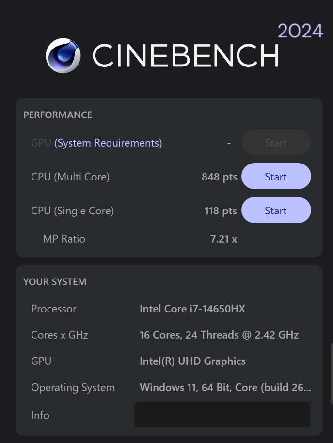 HyperX OMEN 15 Intel Cinebench 2024計測結果。マルチコア848、シングルコア118